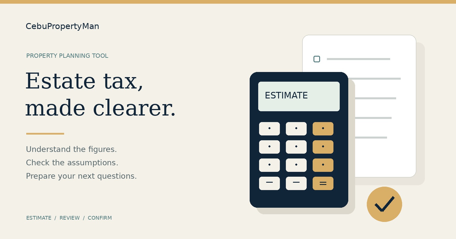 Illustration of a calculator and checklist introducing the CebuPropertyMan estate-tax planning tool.