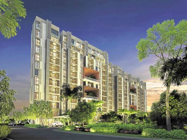 Historical illustration of Arbor Lanes condominium buildings and landscaped grounds