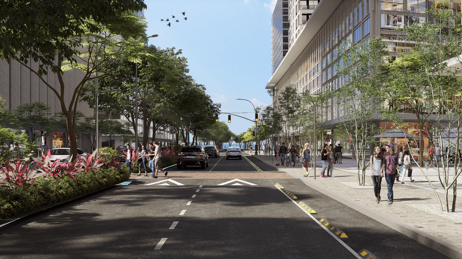 Developer marketing imagery for South Coast City. Confirm current site condition; proposed designs and model presentations are illustrative.