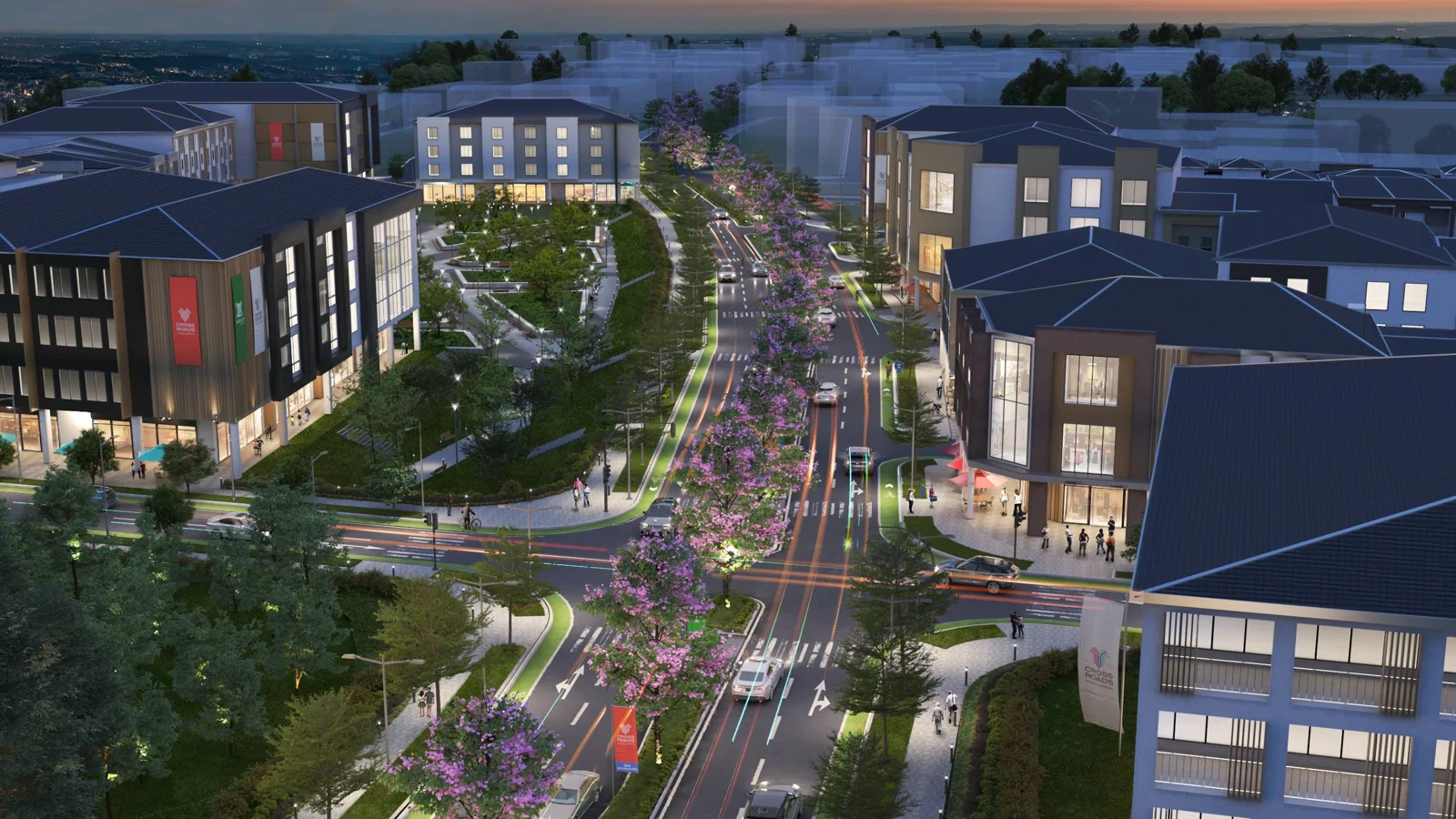 Developer marketing imagery for Crossroads. Confirm current site condition; proposed designs and model presentations are illustrative.