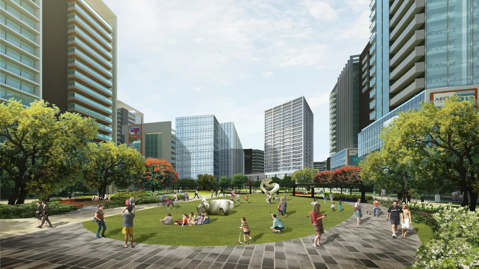 Developer marketing imagery for Arca South. Confirm current site condition; proposed designs and model presentations are illustrative.