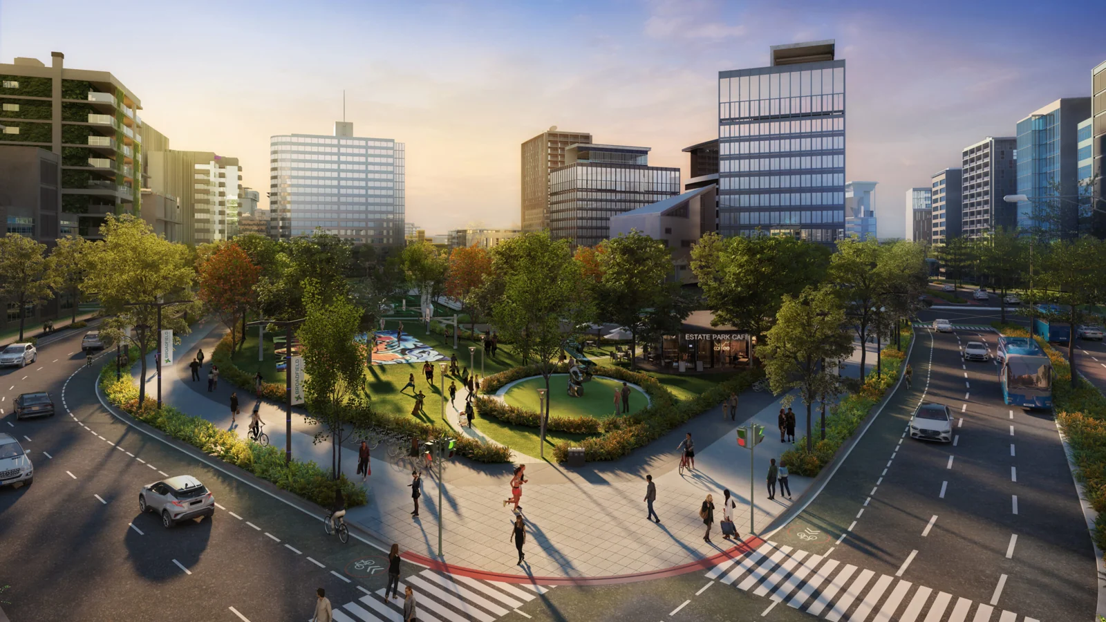 Developer marketing imagery for Broadfield. Confirm current site condition; proposed designs and model presentations are illustrative.