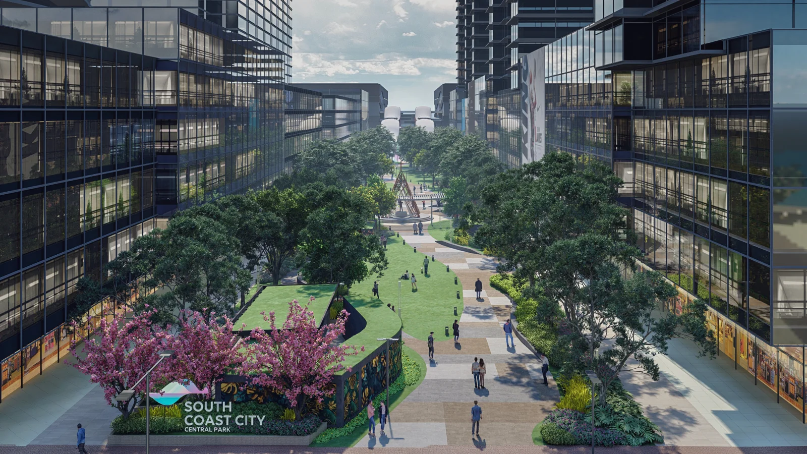 Developer marketing imagery for South Coast City. Confirm current site condition; proposed designs and model presentations are illustrative.