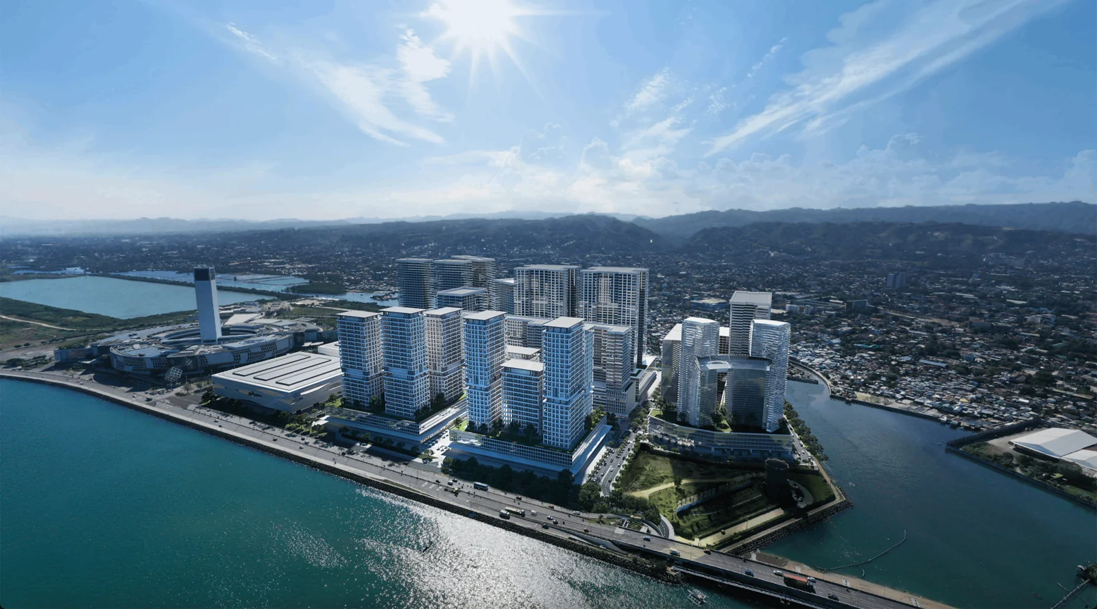 Developer marketing imagery for South Coast City. Confirm current site condition; proposed designs and model presentations are illustrative.