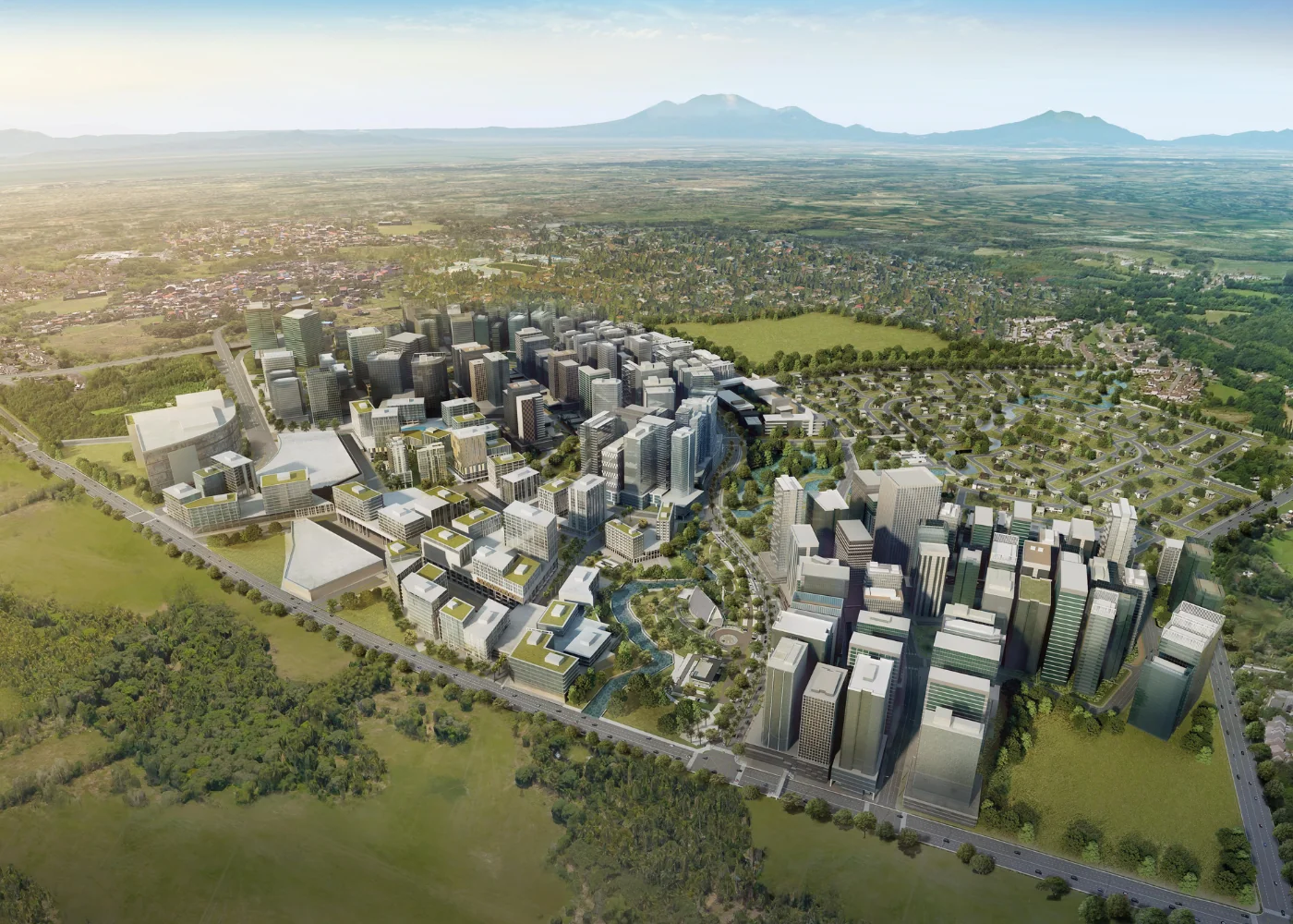 Developer marketing imagery for Evo City. Confirm current site condition; proposed designs and model presentations are illustrative.