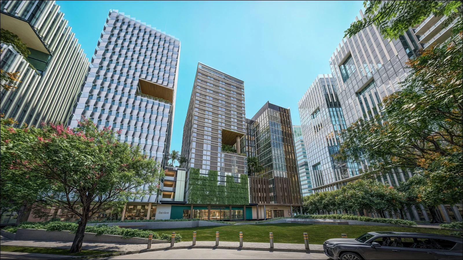 Developer marketing imagery for Cloverleaf. Confirm current site condition; proposed designs and model presentations are illustrative.